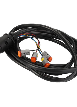 The AGCO Cable - Acp0294670 is a coiled black electrical cable that includes a black connector on one end and multiple gray connectors with distinctive orange tips on the other end.