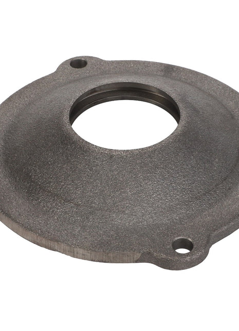 The AGCO BEARING CAP - D26736096 is a round metal component featuring a central hole and three smaller peripheral holes, typically used in machinery or mechanical systems. No current product description information available.