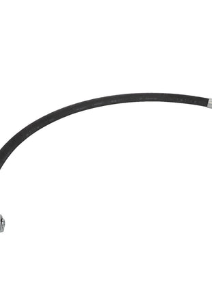 The AGCO | HYDRAULIC HOSE - D49080215 is a versatile black hydraulic hose equipped with sturdy metal fittings on both ends, featuring a 45-degree angle on one side and a 90-degree bend on the other.