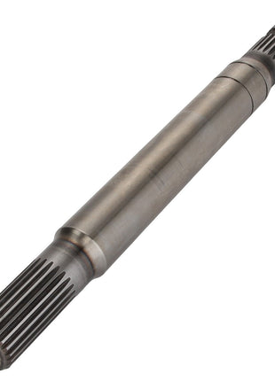 The AGCO Shaft - Acp0384400, manufactured by AGCO, is a metal shaft featuring splines on both ends for mechanical applications in automotive and industrial machinery.