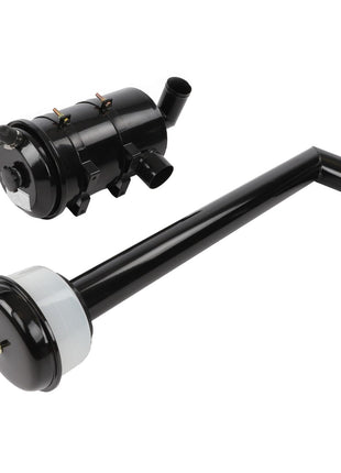 Two black automotive air intake components. One is a cylindrical air filter housing with attached hoses and clamps (AGCO | AIR FILTER ASSEMBLY - ACY1174810 by AGCO). The other is a long, straight intake tube with a white section near one end. No current product description information available for the intake tube.