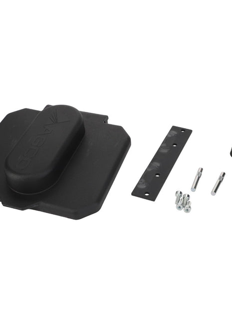 The AGCO Dust Cover - Acw0553890 is a black plastic tractor part that comes with accompanying hardware. It features a durable metal bracket, sleek black mounting pieces, and screws for easy installation.