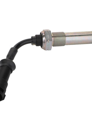 Introducing the AGCO | Tractor Speed Sensor - 0.008.1646.0: a metal cylindrical automotive sensor featuring a threaded end and an attached black cable leading to a plastic connector. Have questions before ordering? Contact our support team for assistance.
