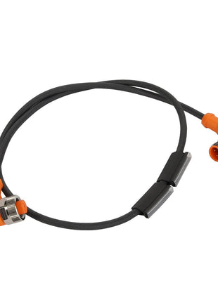 Image of the AGCO | CABLE - ACP0533540, featuring an orange right-angle M12 connector cable with a black flexible covering, designed with durable metal threads at both ends.