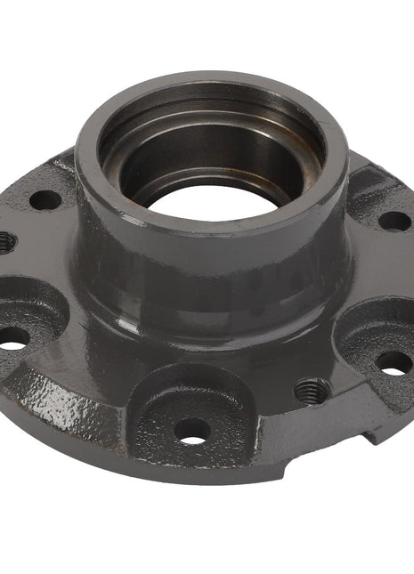 The AGCO Marker Hub - Acw3818020 is a metal mechanical part featuring a central circular opening, a flared base, and multiple bolt holes around its perimeter.