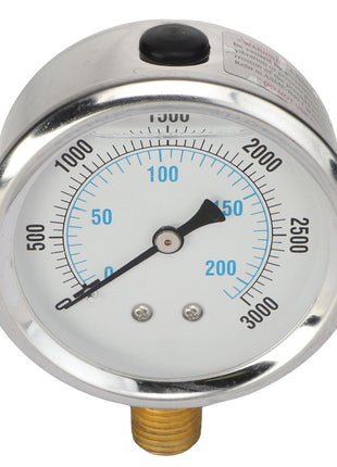 The AGCO | PRESSURE PLATE, RIGHT HAND - AG704048 by AGCO is a round dial pressure gauge with a white face, displaying measurements from 0 to 3000 psi. It features a black needle that currently points around 150 psi and includes a brass connector at the bottom. No additional product description information is available at this time.