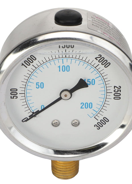 The AGCO | PRESSURE PLATE, RIGHT HAND - AG704048 by AGCO is a round dial pressure gauge with a white face, displaying measurements from 0 to 3000 psi. It features a black needle that currently points around 150 psi and includes a brass connector at the bottom. No additional product description information is available at this time.