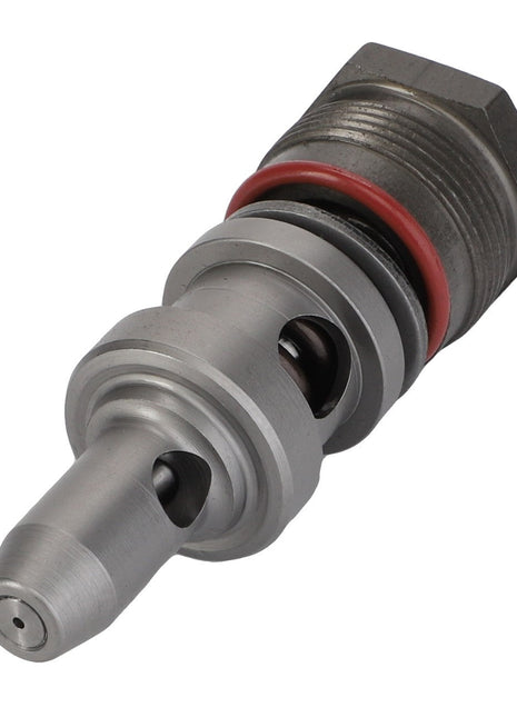 Close-up of the AGCO Valve - Acp0323890, featuring a metal hydraulic structure with a threaded end and a vibrant red O-ring, showcasing precision engineering by AGCO.