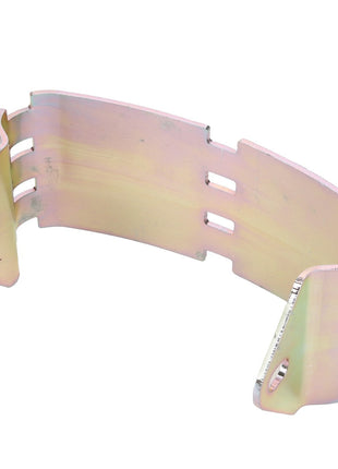 The AGCO Bracket - Acw2111980 is a metallic, curved bracket featuring cut-out slots and a hole on each end for mounting. Currently, there is no additional product description information available.