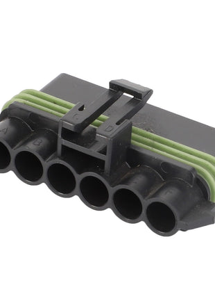 A six-pin electrical connector with black casing and green sealing rings, where each pin is labeled from A to F. The product is named AGCO | Socket Terminal - AG519697 and is manufactured by AGCO. There are no additional features available in the provided information.