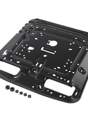 The AGCO Seat Plate - F524500033040, a black metal bracket with various holes and cutouts, is displayed on a white background. Beneath the bracket, five small black cylindrical components are carefully lined up.