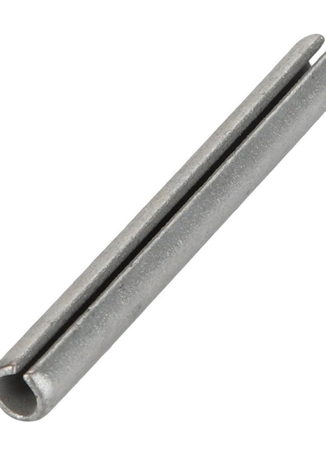 The AGCO Roll Pin - Acp0023160 is a sleek silver cylindrical metal pin that features a precise narrow slit running along its length.