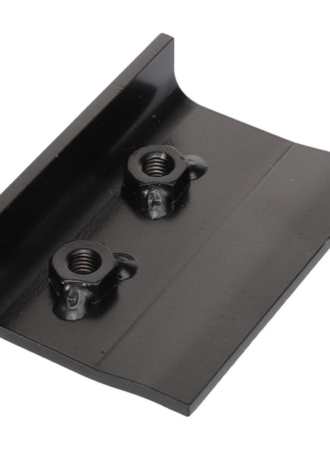 The AGCO | Plate - Acw0682100, by AGCO, is a black metal bracket that features two threaded holes positioned side by side. It also has a flat base and one raised edge. Currently, there are no specific product keywords available for this item.