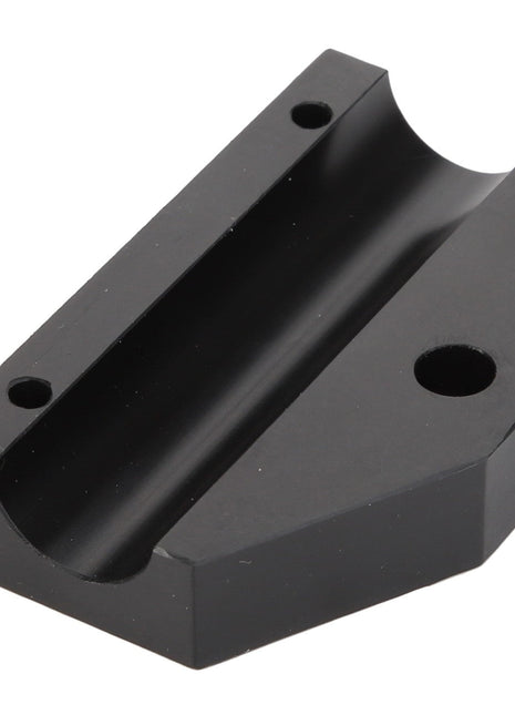 The AGCO Bracket - Acw1758520 is a black, rectangular metal component featuring two drilled holes on one flat side and a grooved indentation running along its middle. 