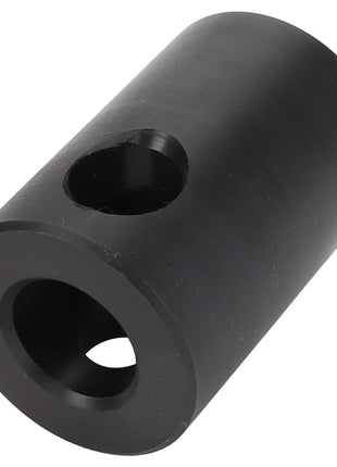 A cylindrical, black metal coupling, identified as the AGCO | Bush - Fel152027, featuring two holes drilled through its body, is displayed against a white background.