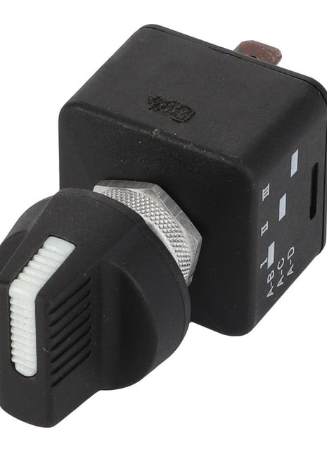 AGCO | ROTARY SWITCH - D26739329 is a black switch with a silver dial and white markings, featuring multiple settings on the side, suitable for various electronic or mechanical devices.