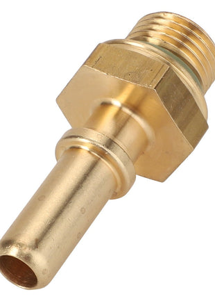A close-up view of the AGCO Quick Connector - 4282082M1, a brass male flare fitting adapter featuring a hexagonal nut and threaded end. No current product description available.