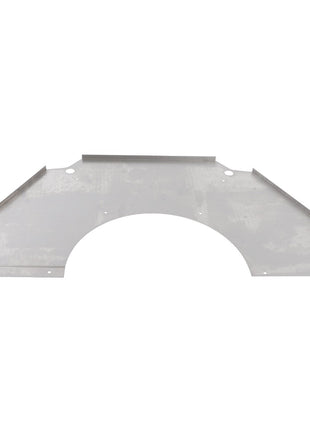 The AGCO | PLATE - D28286682 by AGCO is a flat, gray metal sheet with a semicircular cutout in the middle, various angular edges, and multiple screw holes.