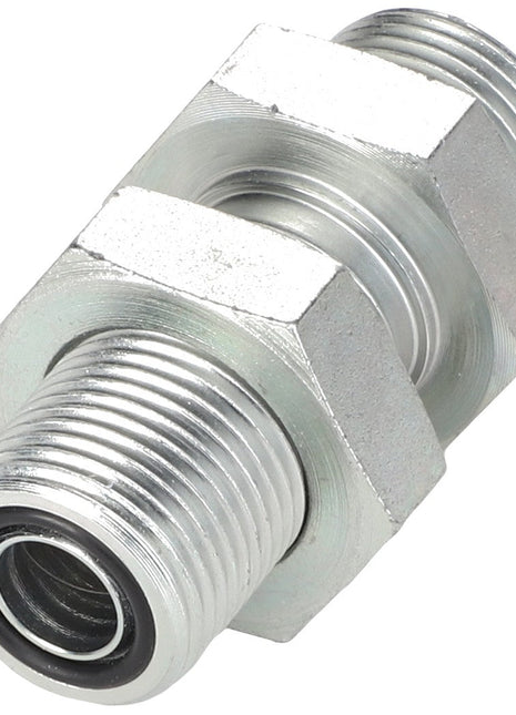 The AGCO Bulkhead Connector - Acw1948930 is a metal hex nipple fitting with threaded ends and a rubber gasket, designed for securely connecting pipes or hoses.