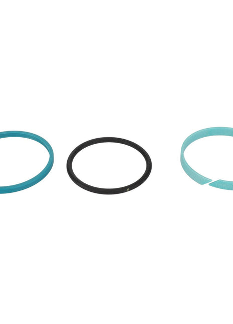 Three O-rings from the AGCO SEAL KIT - F931870051200 are aligned side by side. The left and right O-rings are teal, and the middle one is black. The O-ring on the right is slightly broken at one end, but no additional product description information is available to provide further details.