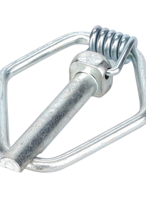 Close-up of a Safety Pin - Acw1086150 by AGCO, featuring a metal hitch pin with a spring-loaded clip attached to a triangular ring. No Current Product Description Information Is Available for further details.