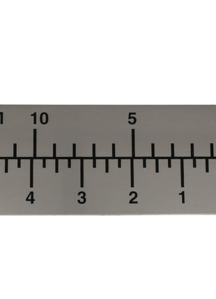 The AGCO INFORMATIONAL DECAL - AG610783 from the brand AGCO features a dual-scale ruler displaying centimeters on the top and inches on the bottom, with markings extending up to 10 cm and 4 inches. Set against a rectangular, gray background, please note that no current product description information is available.