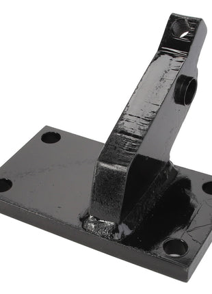 The AGCO BRACKET, LEFT HAND - D46150592 is a black metal bracket with a rectangular base featuring four holes. The upper part extends upward at an angle, ending in a single hole. No current product description information is available for this item from AGCO.