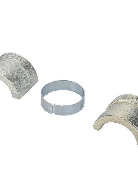 No current product description available, but three metallic plumbing fittings from the AGCO brand are displayed: two curved pipe half-clamps and one circular clamp ring (Product Name: AGCO | Collar - Acp0025670), all arranged in a row against a plain white background.