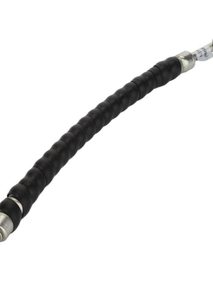 The AGCO Hose - Acw3348980 is a flexible black hose with metal fittings on both ends, designed for use in various mechanical or hydraulic systems. Note: No current product description is available for this item.