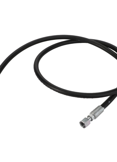 The AGCO Hydraulic Hose - Acw0413590 is a resilient, black hydraulic hose with metal connectors on both ends, elegantly coiled in a single loop.