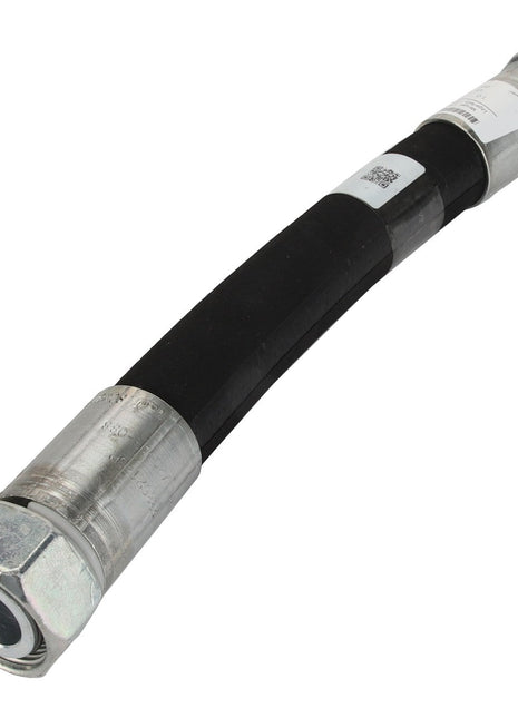 A black hydraulic hose featuring silver hexagonal metal fittings on both ends, complete with identification labels. No detailed product description is currently available for the AGCO WARNING DECAL - ACP0537310 by AGCO.