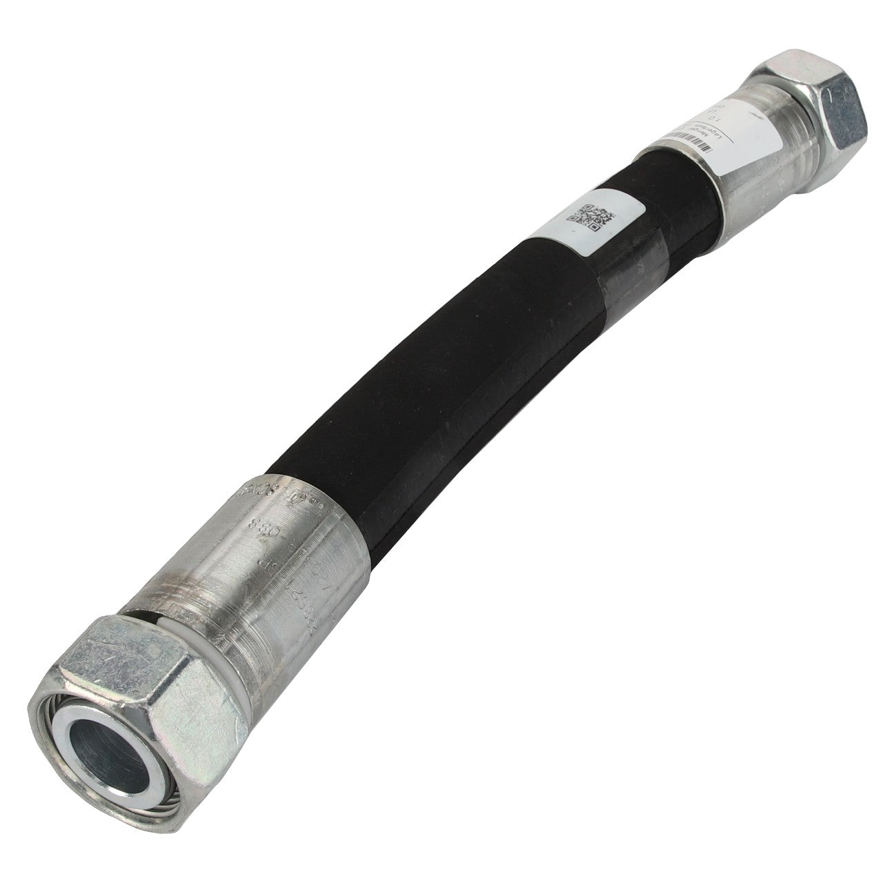 A black hydraulic hose featuring silver hexagonal metal fittings on both ends, complete with identification labels. No detailed product description is currently available for the AGCO WARNING DECAL - ACP0537310 by AGCO.