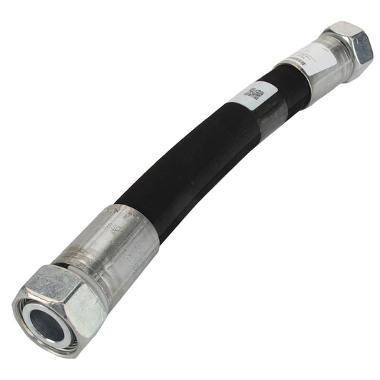 A black hydraulic hose featuring silver hexagonal metal fittings on both ends, complete with identification labels. No detailed product description is currently available for the AGCO WARNING DECAL - ACP0537310 by AGCO.