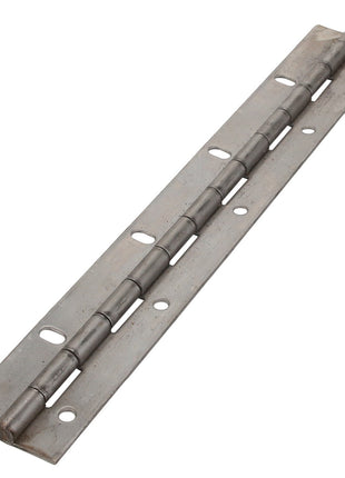 The AGCO | HINGE - AG324178 is a long, metallic continuous hinge with multiple screw holes along its length, designed for joining and enabling the pivoting movement of two parts.