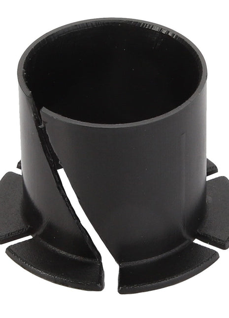 A broken black cylindrical plastic part with a flared base and triangular cut-outs, split down the middle. Product Name: AGCO | BUSH - D26735985 by AGCO. No current product description information is available.