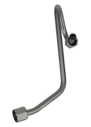 Introducing the AGCO Injection Pipe - Acw3150980, a robust metal automotive fuel line from AGCO featuring two threaded ends, with one straight and the other skillfully bent into a loop for optimal fit and performance.