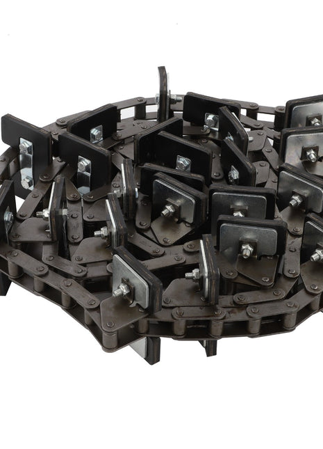 A close-up of the AGCO Chain, Return Elevator (D28550407) reveals multiple interlocking metal links and black rectangular attachments, showcasing its design for optimal performance.