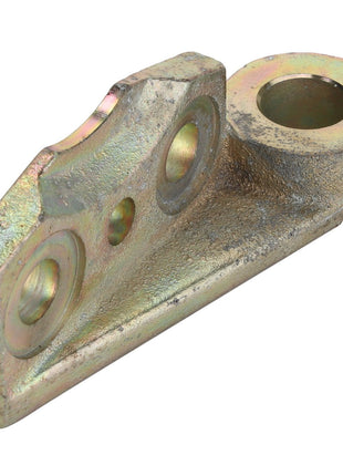 The AGCO Hinge - Fel151209 is a metal bracket featuring a hole on one end, two threaded holes, and a raised edge. Currently, additional product details are unavailable in the description.