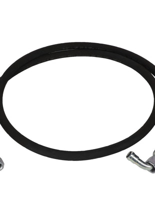 The AGCO | HYDR. HOSE - AL1103110 is a black hydraulic hose with metallic fittings at each end, featuring one straight and one angled fitting. It measures 3/8" in diameter and has a length of 1800 mm.