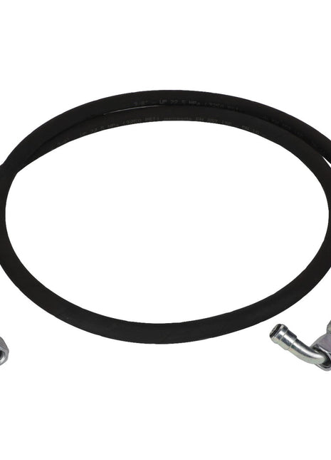 The AGCO | HYDR. HOSE - AL1103110 is a black hydraulic hose with metallic fittings at each end, featuring one straight and one angled fitting. It measures 3/8" in diameter and has a length of 1800 mm.