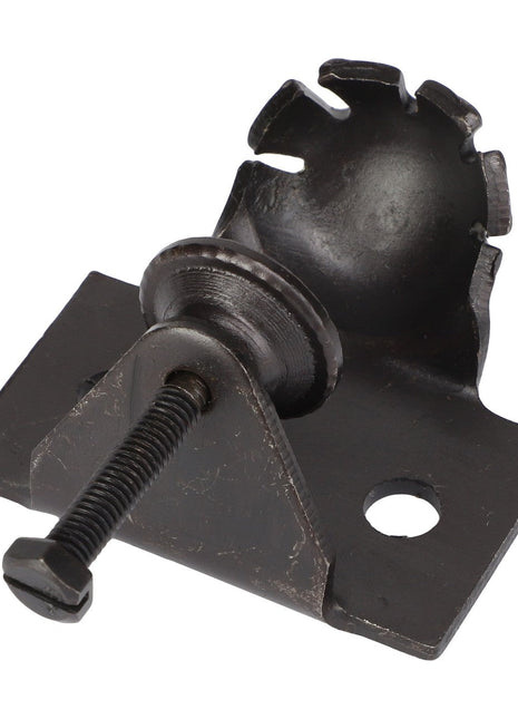 Introducing the AGCO BRACKET - ACP0523410, a metal clamp featuring a threaded screw and a circular, serrated clamping end on a base with a mounting hole. This product from AGCO is designed for easy ordering through our support team.