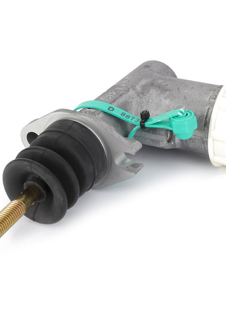 The AGCO Clutch Master Cylinder - 4281625M2 features a gold-colored push rod, black rubber boot, and a white reservoir cap, set against a white background. No current product description available.