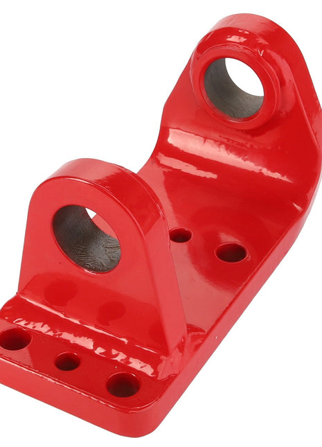 A red metal AGCO hinge half, model FEL15289401, featuring multiple mounting holes and two larger end holes likely intended for securing or pivoting. No current product description available.