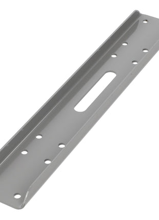 The AGCO | BRACKET - D28182596 is a metallic gray bracket featuring multiple holes and a central elongated slot, along with upturned edges on the longer sides. Currently, no additional product description information is available.