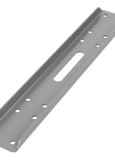 The AGCO | BRACKET - D28182596 is a metallic gray bracket featuring multiple holes and a central elongated slot, along with upturned edges on the longer sides. Currently, no additional product description information is available.