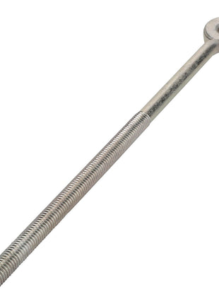 The AGCO Tie Rod - La300114394 is a robust metal eye bolt with a threaded shaft and a circular loop at one end, ideal for securing materials.