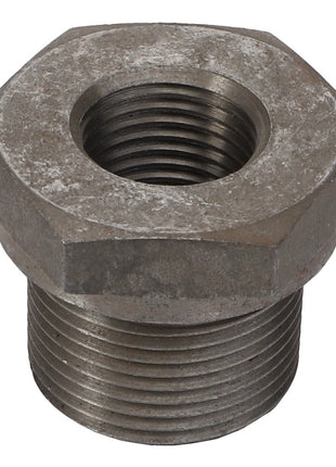 The AGCO threaded bush - V836122820 is a stainless steel pipe reducer fitting with a sturdy hexagonal section.