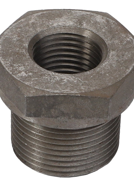 The AGCO threaded bush - V836122820 is a stainless steel pipe reducer fitting with a sturdy hexagonal section.