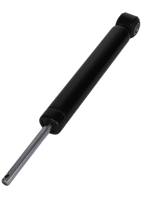 There is currently no product description available for the AGCO Shock Absorber - F145504030110, a single black hydraulic shock absorber with a metal rod extended, isolated on a white background.