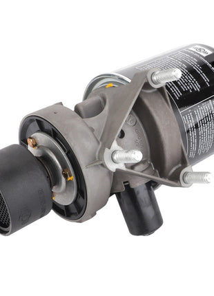 The AGCO | Engine Air Filter - Acw7496960, designed by AGCO, features a black plastic filter housed in a cylindrical metal casing with mounting bolts and various connectors, ensuring optimal filtration efficiency for enhanced engine protection.